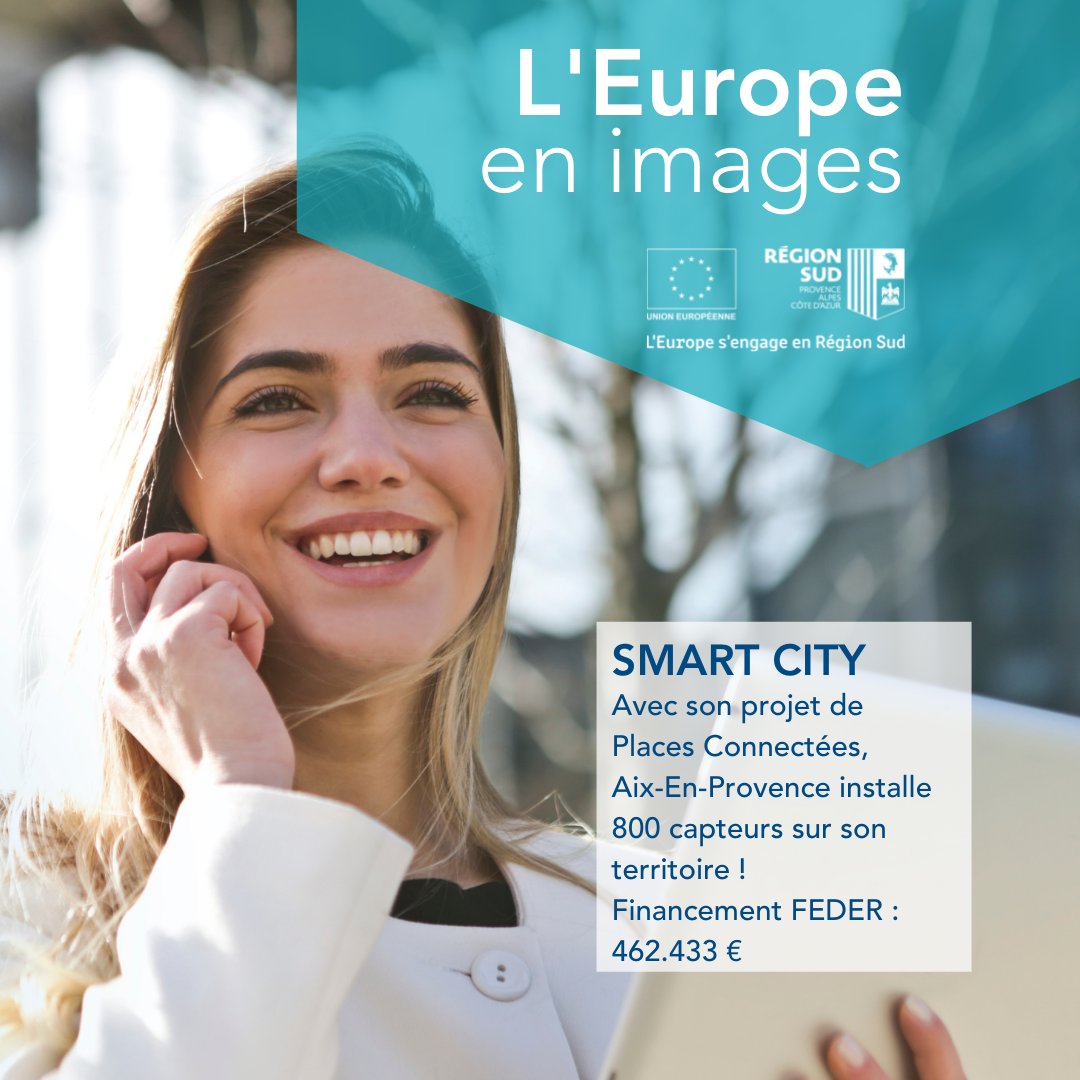 Europedanslesud's tweet photo. Mesure du taux de #pollution, de la qualité de l'air, du remplissage des poubelles et même des places de parking... @aixmaville a installé 800 capteurs sur tout son territoire pour le projet #PlacesConnectées ! Un projet cofinancé par le fonds #FEDER #smartcity #villeconnectée https://t.co/xD474elD1R