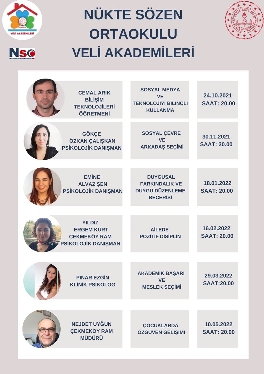 ✅Veli Akademisi Projesi kapsamında ihtiyaç duyulan konularda sevgili velilerimizi bilgilendirmek amacıyla alanında uzman kişiler tarafından sene içerisinde verilecek eğitim konuları belirlenmiştir.
✅Katılımınız değerlidir.  <a href="/CekmekoyMEM/">Çekmeköy İlçe Millî Eğitim Müdürlüğü</a> <a href="/CekmekoyR/">Çekmeköy Ram</a> <a href="/burhan131/">Burhan BAYRAK</a> @veliakademileri