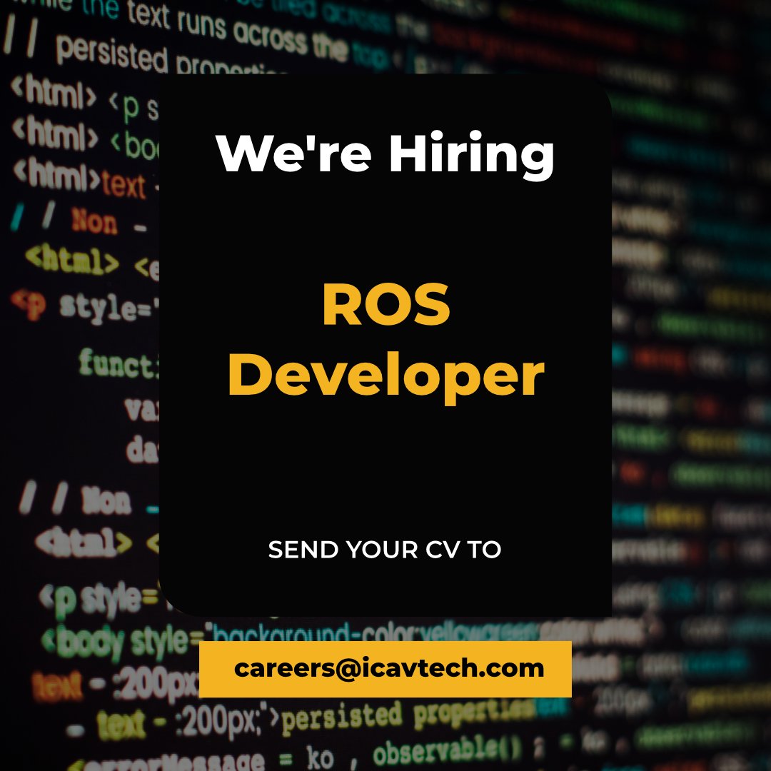 IcavTech's tweet photo. We are hiring for ROS developer role. It is a Remote role and hiring office is located in Bangalore/Bengaluru
Click here for more info: https://t.co/23N3PzRDDf

#jobs #hiring #ros #RoboticOperatingSystem #ROS1 #ROS2 #Remote #remoteroles #remotehiring #robotics #ICAVtech https://t.co/VPHC4S4tVO