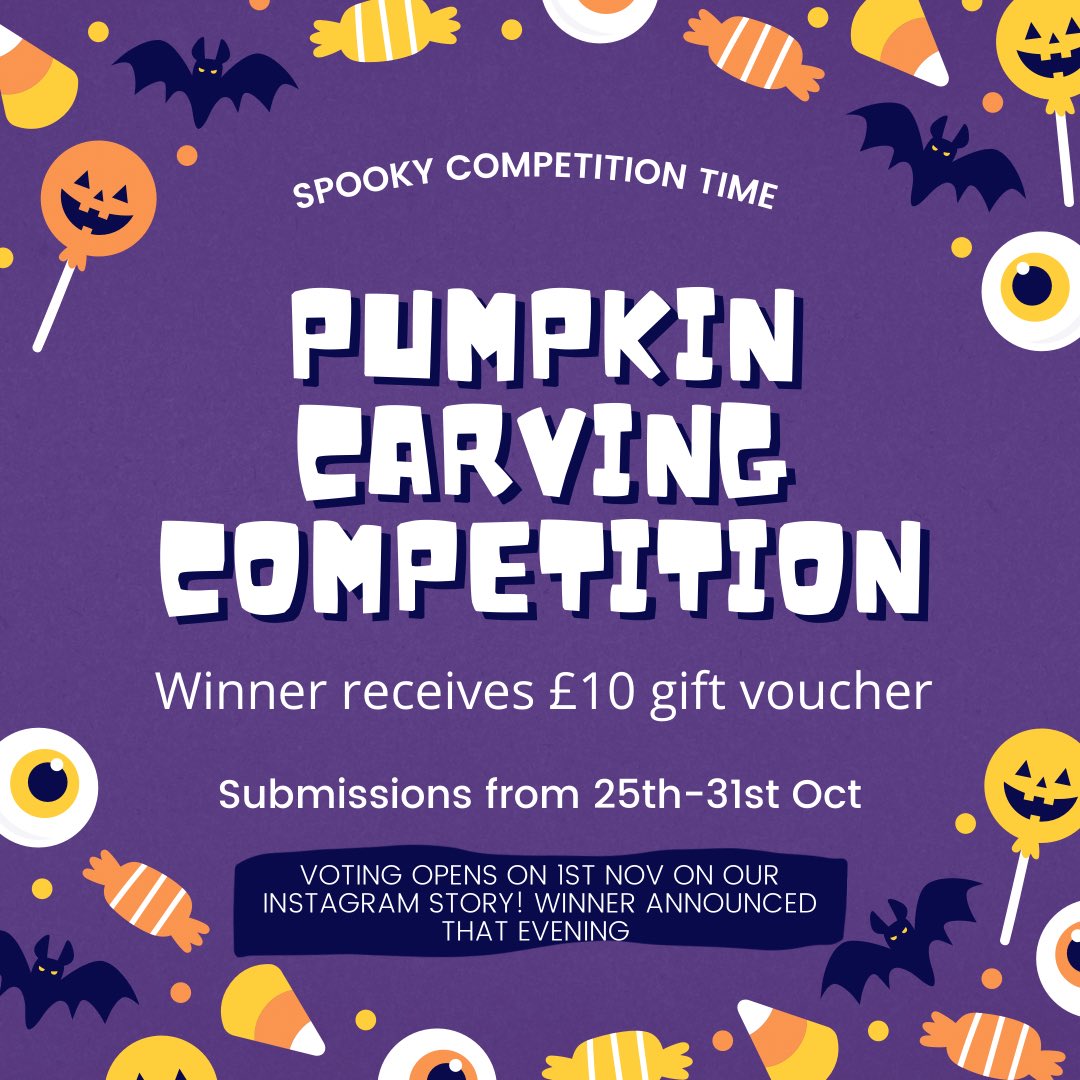 Competition time!! It’s time to get spooky with our pumpkin carving competition. We will be taking submissions from now until Halloween. To submit a pumpkin just DM one of our social pages with an image of your pumpkin. Voting will be on Monday 1st November on our Insta story 🎃