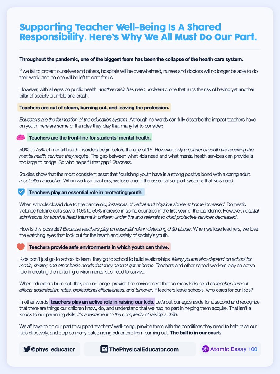 phys_educator's tweet photo. 🧑‍⚕️ Throughout the pandemic, our focus has been on doing our part to ensure that health care systems didn't implode.

👨🏻‍🏫 However, we may have neglected to pay attention to what is happening to teachers.

👇 Learn more about why society MUST support teacher well-being. #edchat https://t.co/WVfynn53yL