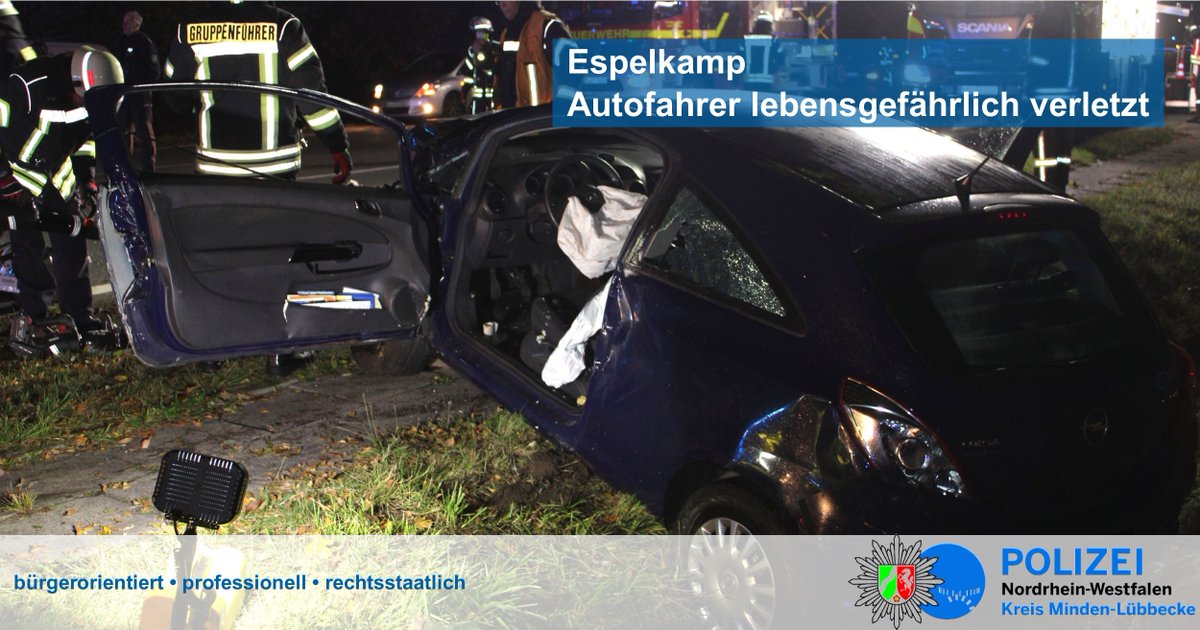 polizei_nrw_mi's tweet photo. Zu einem schweren Verkehrsunfall ist es heute Morgen auf der Kreuzung B 239/Stadtweg in #Espelkamp gekommen. Dabei wurde ein #Autofahrer lebensgefährlich verletzt. Ein weiterer Mann kam ebenfalls ins Krankenhaus. 👉 https://t.co/5N2fEIZiM1
#PolizeiNRW #Unfall #B239 #Lebensgefahr https://t.co/B7VUWR7CeA