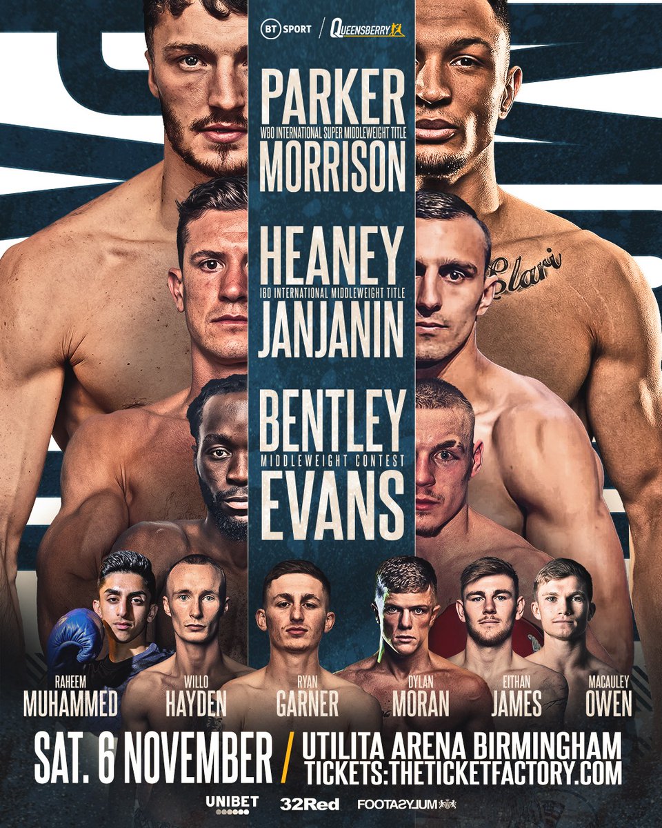 Not long until we're back in Birmingham on November 6th 🙌

👊 <a href="/zachparkerboxer/">Zach</a> v Morrison
👊 <a href="/NathanHeaney/">Nathan Hitman Heaney</a> v Janjanin
👊 Denzel Bentley v Evans

📍 <a href="/UtilitaArenaBHM/">Utilita Arena Birmingham</a> 

🎟️ theticketfactory.com/tickets/seat-s…