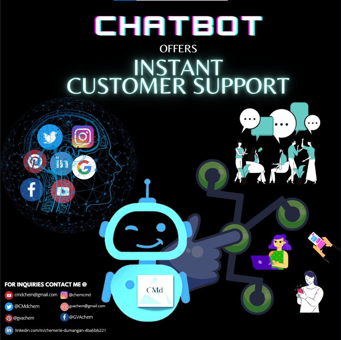 CMdchem's tweet image. Chatbot
Why do you need a chatbot?
Market Data🛍️
Personalized Product🥰
Help Customers😍
Remind Customers About their items in Cart🛒
Send Campaigns📪
Need a Chatbot? Contact me!
📧 gvachem@gmail.com
bit.ly/3G6KXOc
bit.ly/3pzwBjR
#CMdVirtualServices
#chatbot