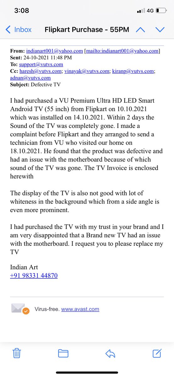 arpitkot's tweet photo. @flipkartsupport I was informed by your executive that my replacement was rejected as the technician had mentioned so. However @VUTelevision has said that their technician had already advised for replacement on 18.10.2021. Please see the email from VU. How much more you will lie? https://t.co/lZdW7x9fTi