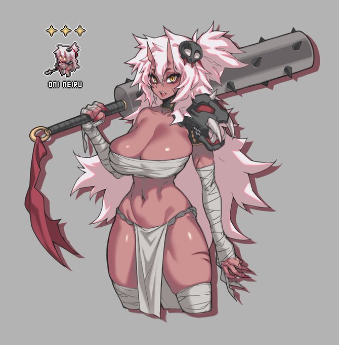 Oni Lady Neiru
She beeg. She bonks. She boba.

She's from my stream's gachapon machine. Revisualized her from the gacha pixel art sprite I made. 