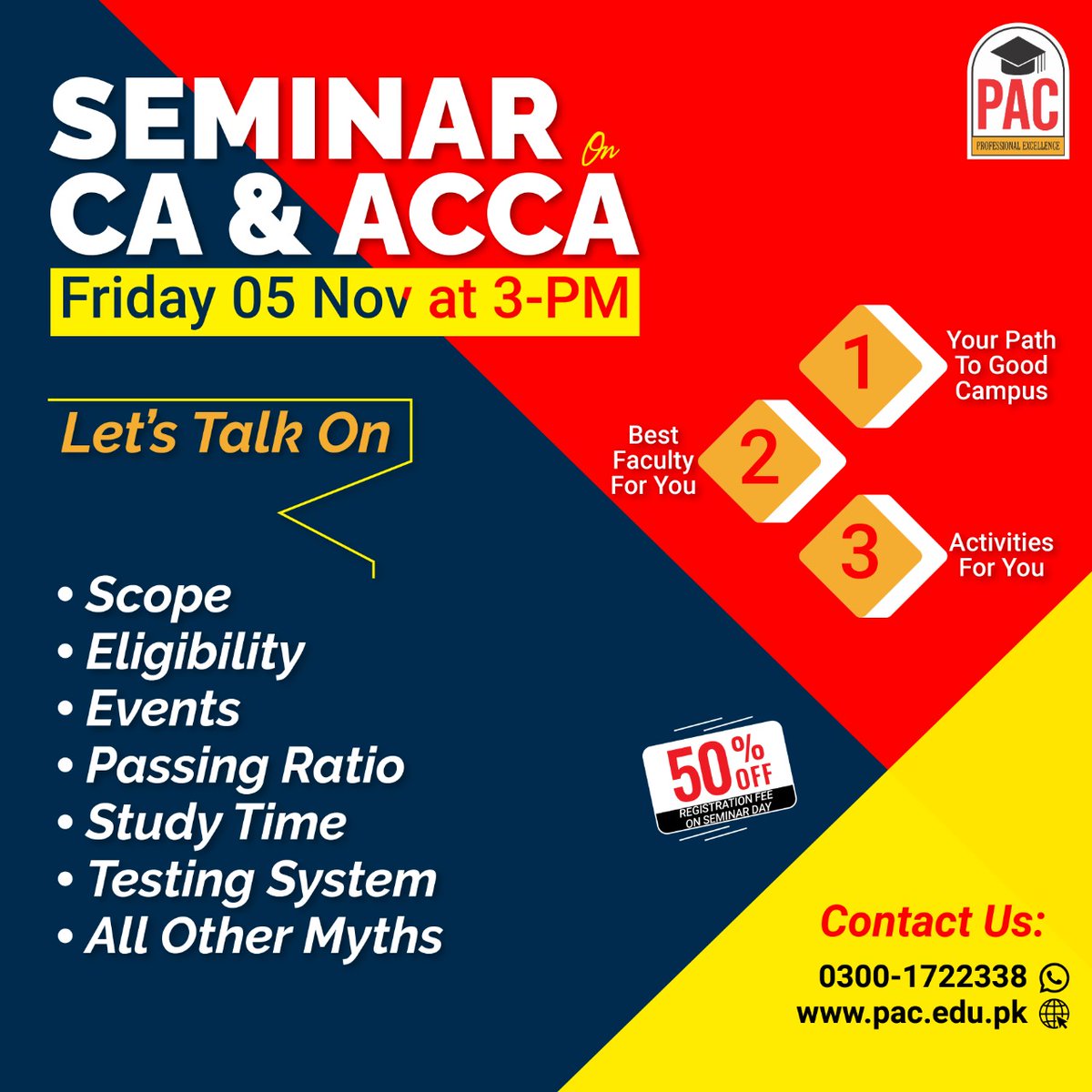 CollegePac's tweet photo. Dear Students,
Looking for guidance on how to start your CA/ACCA? 
𝗟𝗼𝗼𝗸 𝗻𝗼 𝗳𝘂𝗿𝘁𝗵𝗲𝗿!!!

PAC is conducting a free Seminar on CA &amp; ACCA
Register: https://t.co/lERz9iDp8C
50% OFF at Registration fee

𝗙𝗿𝗶𝗱𝗮𝘆 𝟱 𝗡𝗼𝘃, 𝟯-𝗽𝗺 𝗮𝘁 𝗣𝗔𝗖 𝗚𝘂𝗹𝗯𝗲𝗿𝗴 𝗖𝗮𝗺𝗽𝘂𝘀 https://t.co/cQA8sxEVOe