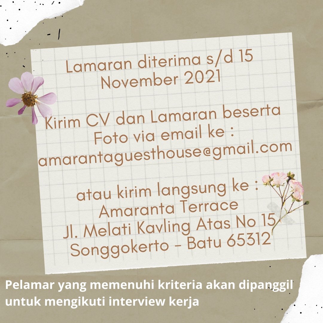 phiayong's tweet photo. @LokerMalang2021 @lokermalangraya #lokerbatu #lokermalang #waiter #baristaassist #housekeeper #amarantaterrace #amarantaguesthouse https://t.co/v8GPscUySN
