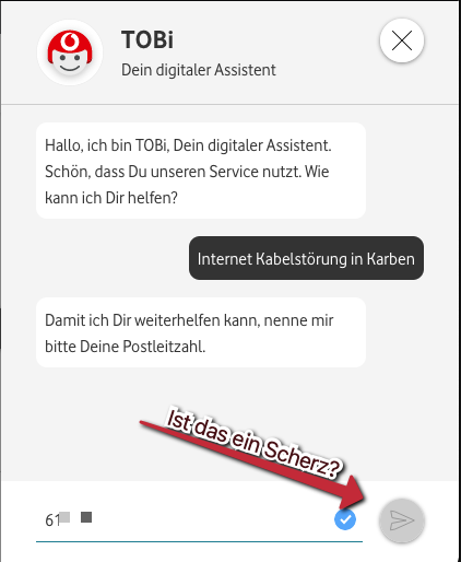 dagee71's tweet photo. Achja, @vodafoneservice: TOBi sucks
Er will die Info garnicht!
#Störung #Vodafone #TOBiSucks #Internetdown https://t.co/emgThnOhz5