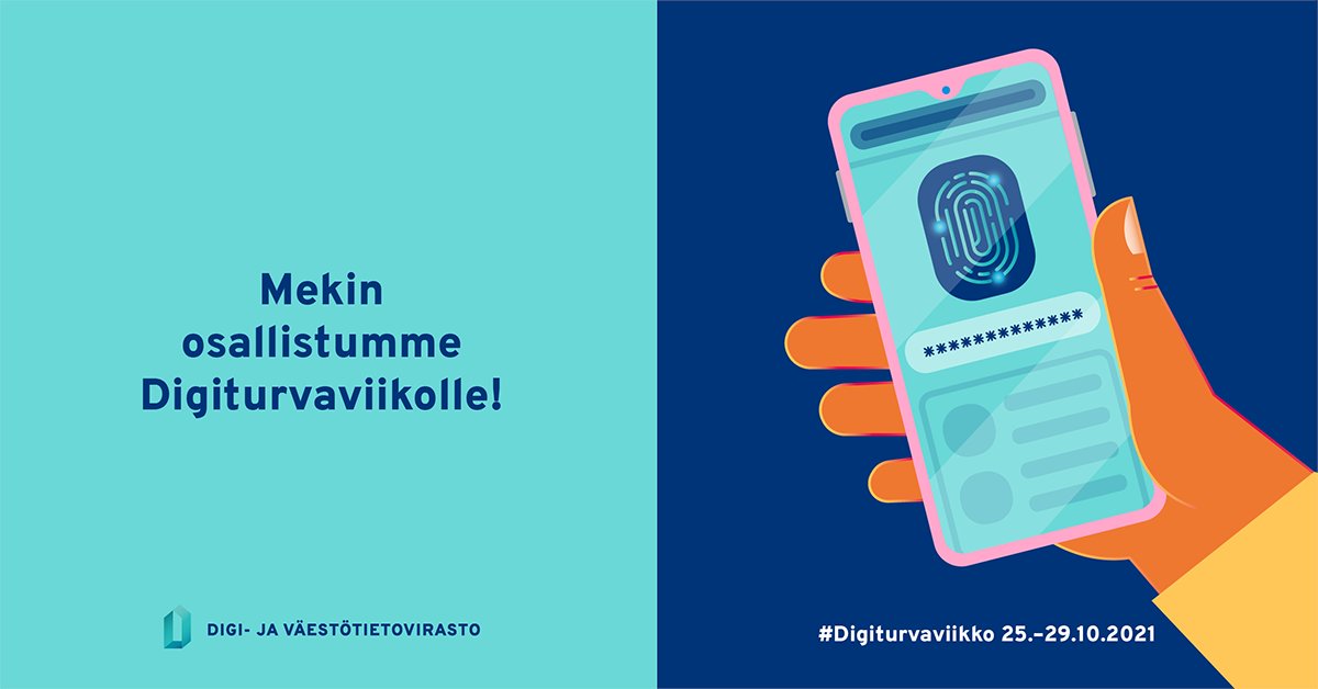 Olemme mukana Digiturvaviikolla. Digiturvasta huolehtiminen on kaikkien yhteinen asia. Henkilöstömme käyttää yhden tunnin digiturvataitojen oppimiseen ja digiturvan edistämiseen 25.-29.10.
Tutustu viikon ohjelmaan: dvv.fi/digiturvaviikko

#Tampere #Digiturvaviikko <a href="/DVVfi/">Digi- ja väestötietovirasto</a>