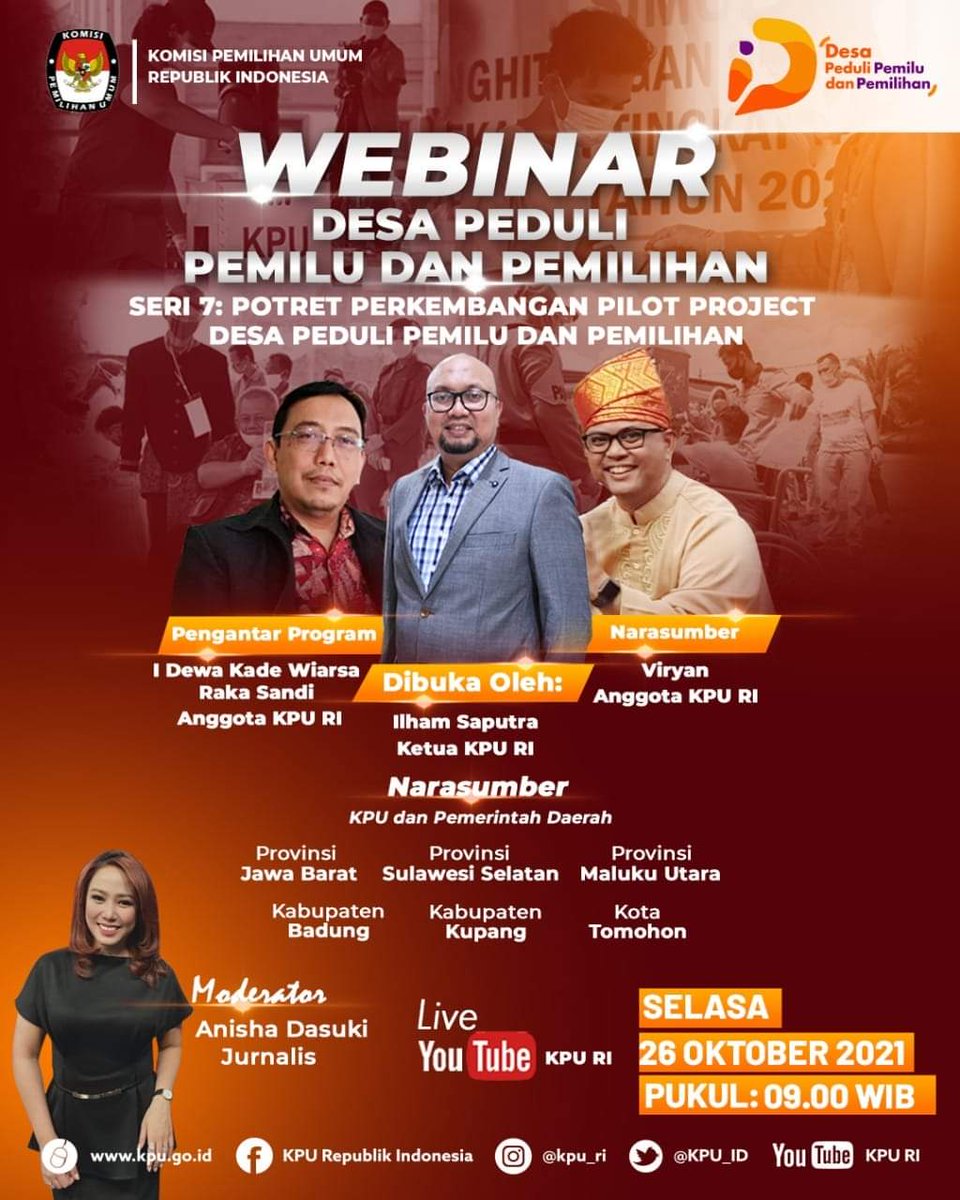 kpu_malut's tweet photo. #Repostedfrom@kpuri
#TemanPemilih, ikuti webinar Desa Peduli Pemilu dan Pemilihan seri 7 : Potret Perkembangan Pilot Project Desa Peduli Pemilu dan Pemilihan, Selasa tanggal 26 Oktober 2021 mulai pukul 09.00 WIB, hanya di knal youtube KPU RI
#KPUmelayani https://t.co/6l1woiSTuQ