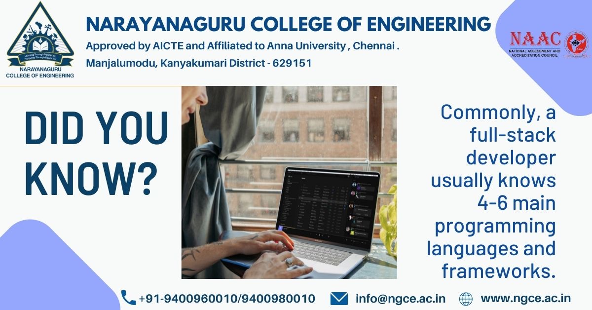 NarayanaguruE's tweet image. Commonly, a full-stack developer usually knows 4-6 main programming languages and frameworks. #stackdeveloper #programming #engineering #ngce