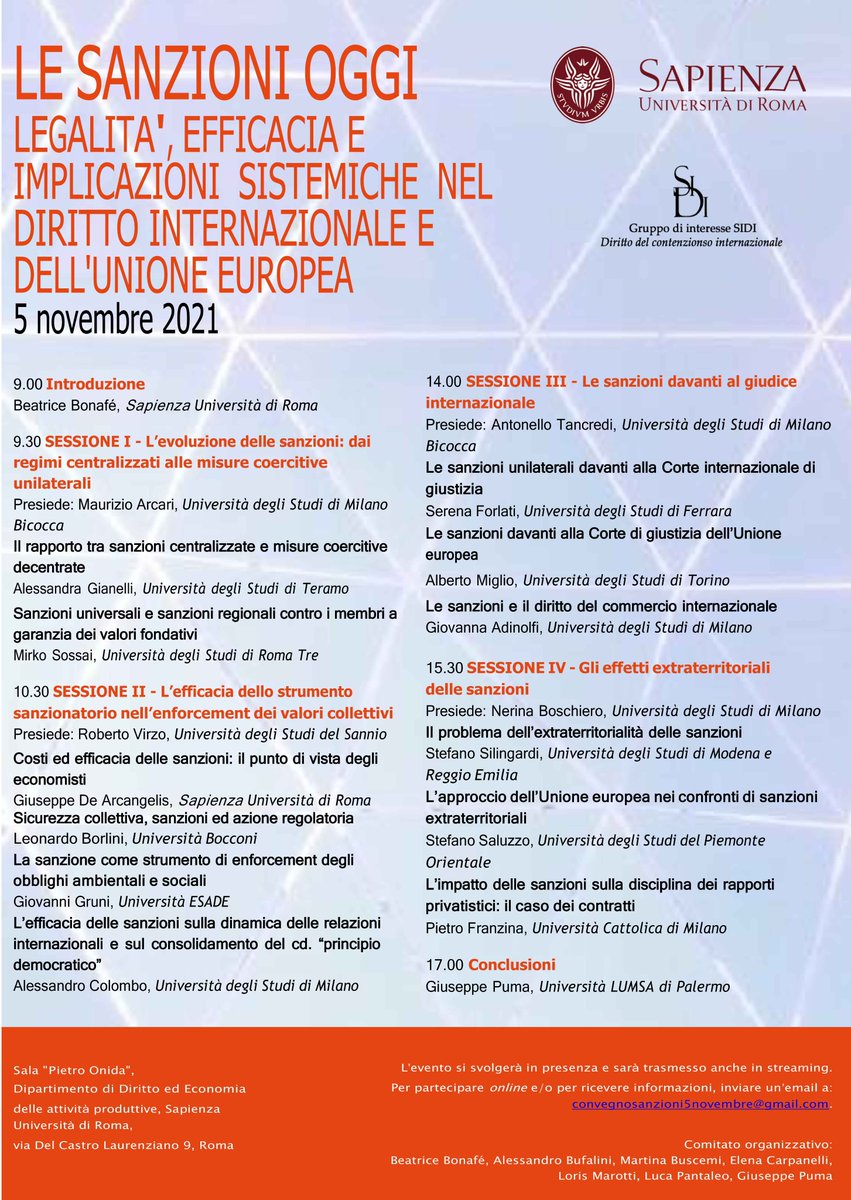 SIDIorg's tweet photo. 🔜Le #sanzioni oggi, #legalità, efficacia e implicazioni sistemiche nel #dirittointernazionale #5novembre 2021 h9 #Roma #GruppinteresseSIDI #contenzioso internazionale #obblighi #ambientali #sociali #extraterritorialità #contratti #valoricollettivi #dirittointernazionaleprivato https://t.co/X2Lw7nayAl