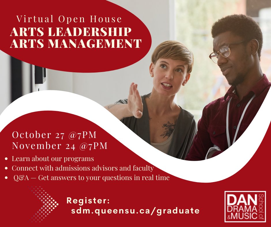 Dan School of Drama and Music (@thedanschool) on Twitter photo Earn a graduate diploma in Arts Management in 12 weeks or apply for our Master of Arts Leadership program.
Find out more at our Virtual Open House!
Wednesday, October 27 @ 7PM
Wednesday, November 24 @ 7PM
Register at ecs.page.link/kwpkN ย
<a href="/queensu/">Queen's University</a> <a href="/QUartsci/">Queen's U ArtSci</a> Earn a graduate diploma in Arts Management in 12 weeks or apply for our Master of Arts Leadership program.
Find out more at our Virtual Open House!
Wednesday, October 27 @ 7PM
Wednesday, November 24 @ 7PM
Register at ecs.page.link/kwpkN ย
<a href="/queensu/">Queen's University</a> <a href="/QUartsci/">Queen's U ArtSci</a>