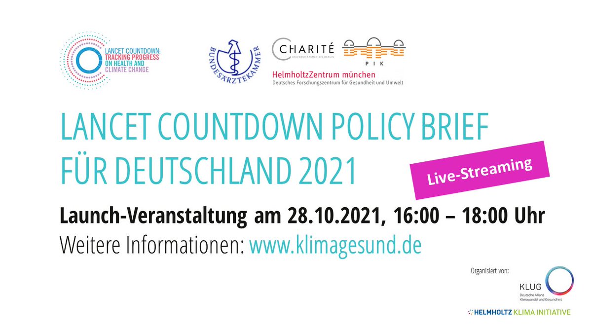 KlimaGesundheit's tweet photo. Save the Date!

Launch-Event am 28.10. um 16 Uhr: Vorstellung des @LancetCountdown Policy Briefs DE 2021.

Expert*innen diskutieren: Alle reden vom #Klimawandel, aber was ist seit 2019 wirklich passiert, um ihn aufzuhalten?

Weitere Infos: https://t.co/kT1JNNmCBX https://t.co/6FtJmedQ8E