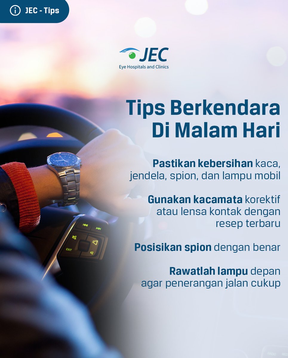 JECEyeHospital's tweet photo. Berkendara di malam hari ternyata membutuhkan pencahayaan yang cukup agar Anda dapat berkendara dengan aman lho.
Nah, berikut ini adalah cara aman saat mengemudi di malam hari. Simak yuk :)
#JEC #JECEyeHospitalsAndClinics #TipsMata #MalamHari #Night #Driving #JECTips https://t.co/x8JLyPAAcX
