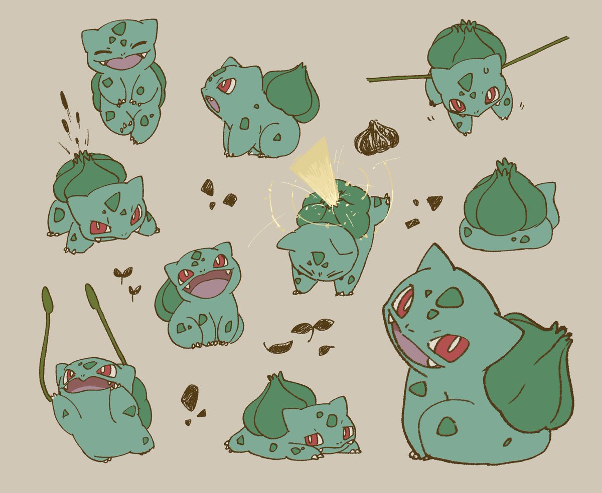 bulbasaur pokemon (creature) no humans open mouth fangs red eyes tongue closed eyes  illustration images