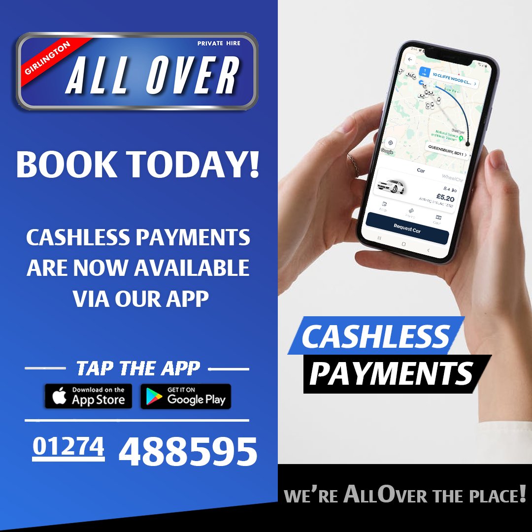 FOR QUICK &amp; EASY TAXI BOOKINGS, JUST TAP THE APP!
For any travel needs, AllOver Taxis have got you covered!

Download the FREE app today: onelink.to/regsnt
01274 488595
Girlington.co.uk
.
.
.
.
#cashless #Taxi #Girlington