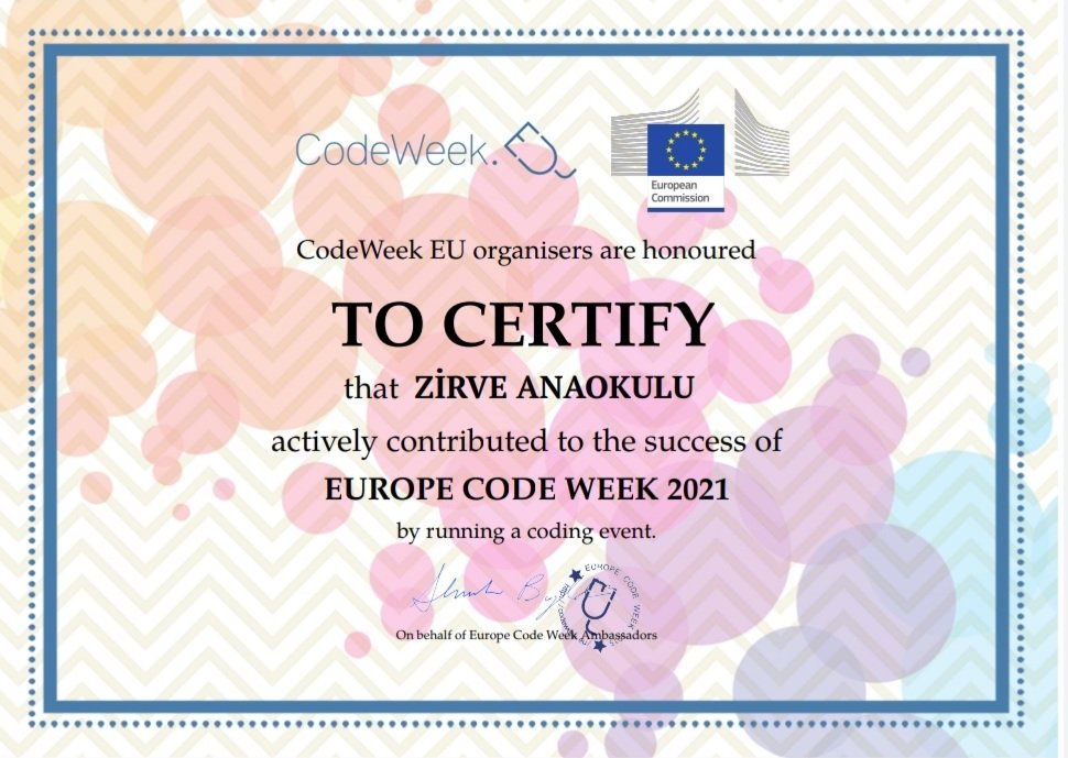 zirve_anaokulu's tweet photo. Kodlama sertifikamız⏪✅
Emeği geçen bütün öğretmenlerimize teşekkürler👏👏
#CodeWeek2021
@agrimem @hasan_kokrek
@dogubayazitmem @ihsankosen
@proje_t https://t.co/XLUrv6Rqj2