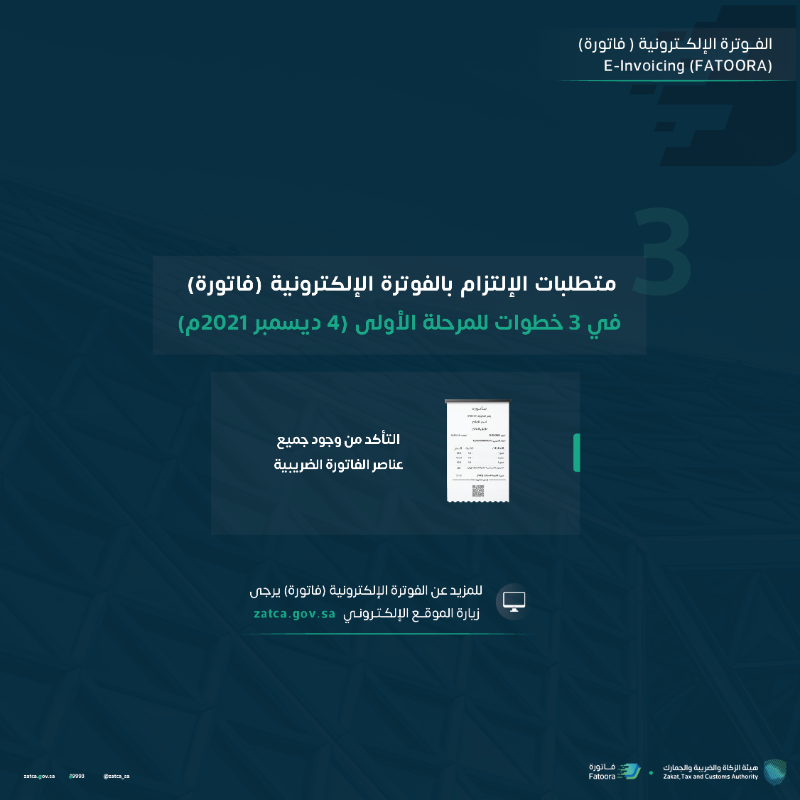 Zatca_sa's tweet photo. خطوات أساسية يجب على المنشأة الالتزام بها لتكون متوافقة مع متطلبات المرحلة الأولى لـ #فاتورة والتي ستدخل حيّز التنفيذ 4 ديسمبر 2021م.
#الفوترة_الإلكترونية