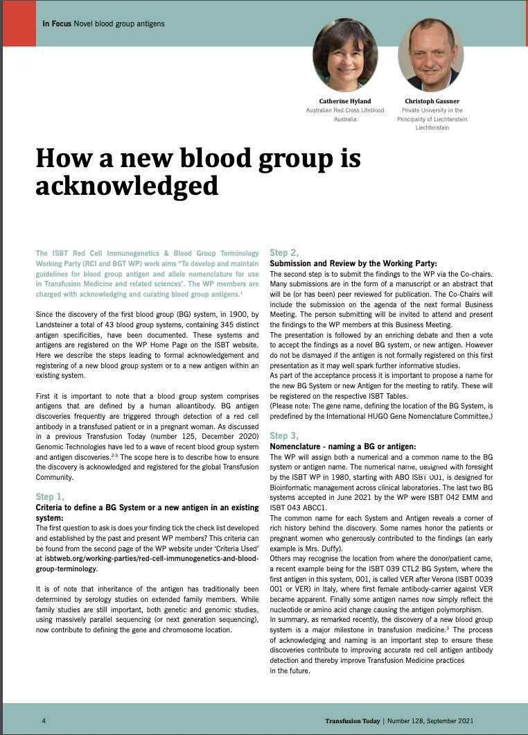 ISBTCO's tweet photo. Check out this article from #TransfusionToday!

Great work from Catherine Hyland &amp; Christoph Gassner - the ‘custodians’ of #bloodgroups.

The article describes the process for accepting and registering of a new #bloodgroupsystem or to a new #antigen within an existing system https://t.co/mjJfSnBTUG