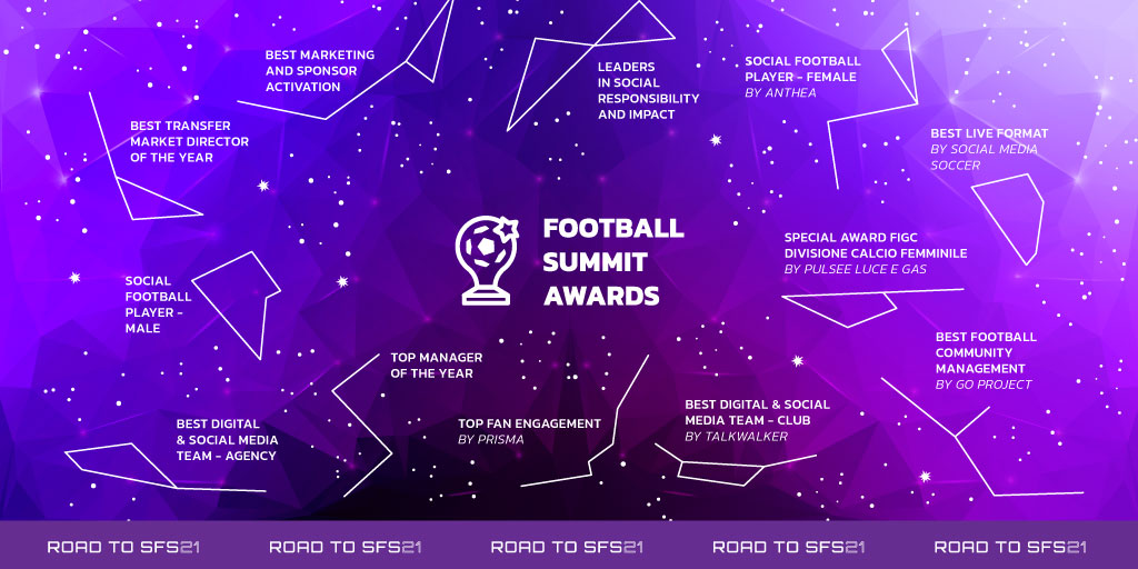 Social Football Summit launch Football Summit Awards.
#SFS21 acknowledges excellence of the football industry, on and off the pitch. The winners will be  announced during the Award ceremony, on the night of November 15. 
For info and votation click here: socialfootballsummit.com/en/football-su…