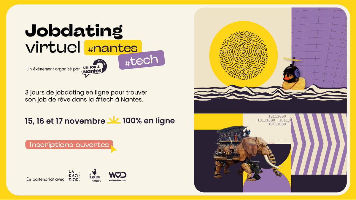 #Recrutement #Jobdating #Tech 👩‍💻

📣 Avis aux développeurs·ses Front, Back ou FullStack, Devops,(...) qui ont envie de changer de vie, de nombreux jobs de rêve vous attendent à #Nantes !

Plus de 30 entreprises et 150 offres d'emploi à votre dispo 👉127x.short.gy/job-nantes-tec…