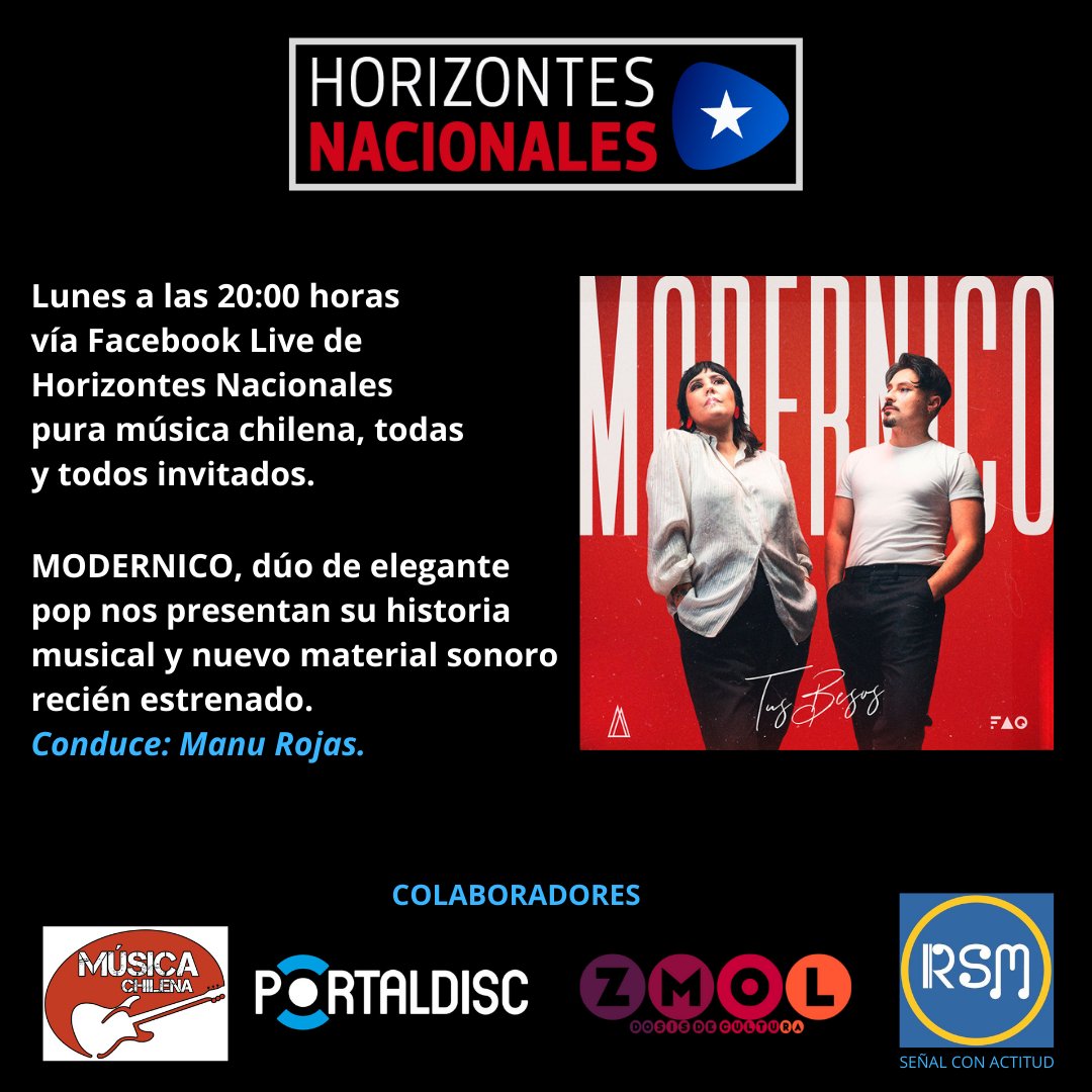 manurojasfotos's tweet photo. Hoy lunes junto al dúo de música pop Modérnico, a las 20:00 horas vía Facebook Live de Horizontes Nacionales, los y las esperamos...¡¡¡
.
#modernico
#popchileno
#portaldisc
#zmol
#musicachilena🇨🇱
#horizontesnacionales
#radiosanmiguelonline https://t.co/6Jm4PJECXk