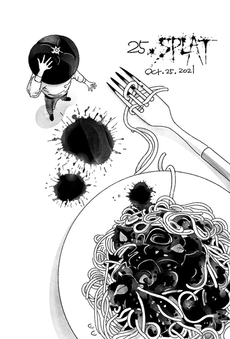 インクトーバー25日目のお題は"splat"…親きょうだいが巻き込まれた事件現場を目にして立ちすくむトマト🍅 #スプラッター #inktober2021 #inktober2021day25 #inktober #インクトーバー2021 #インクトーバー