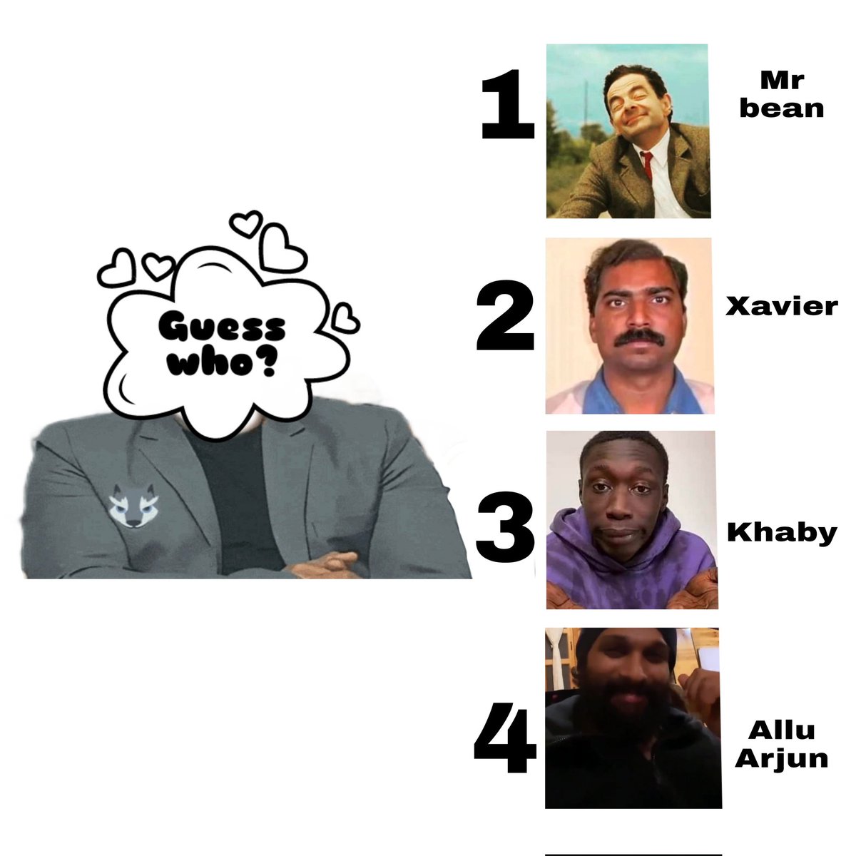 OreyChinnoda's tweet photo. Guess who?
#MrBean #Xavier #Khaby #AlluArjun 

#TwitterMonday https://t.co/qYqzS2TPG1