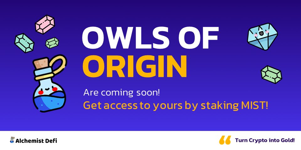 AlchemistDefi's tweet photo. The #OwlsofOrigin are coming to the #IslandOfAura and the only way to get one is to stake #MIST.

Join our telegram (link in bio) to get your hands on one of these rare #NFTs - there will only ever be 450 of them.

Hold an Owl of Origin and get in game benefits!

#p2E #gaming https://t.co/M41FQN8DrA