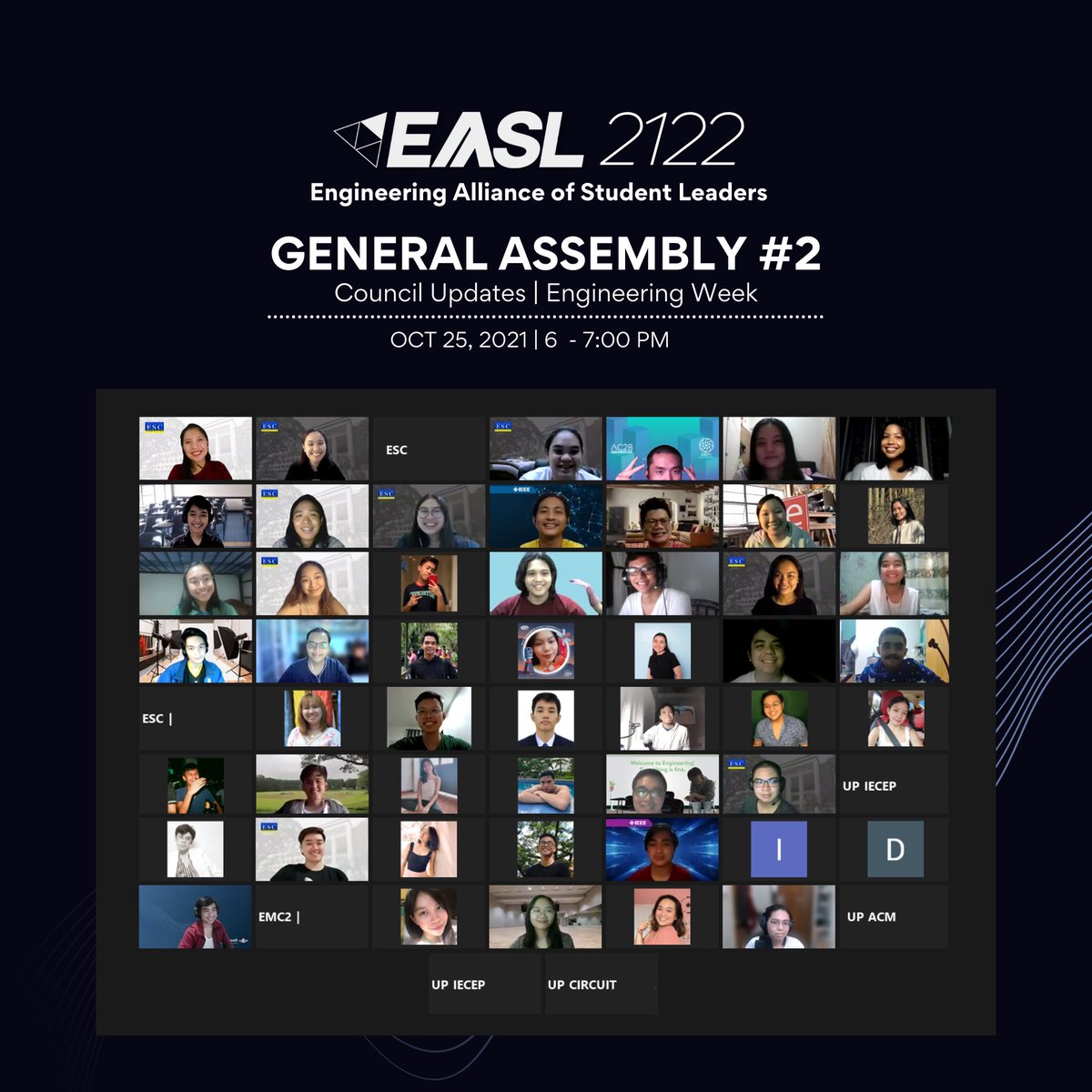 𝐄𝐀𝐒𝐋 𝟐𝟏𝟐𝟐 | 𝐆𝐀 𝟐 𝐌𝐢𝐧𝐮𝐭𝐞𝐬
The 2nd General Assembly of EASL 2122 was held on Oct 25, 2021 (Monday) via Zoom.
Minutes of the assembly can now be accesed at tinyurl.com/EASL2122GA2.