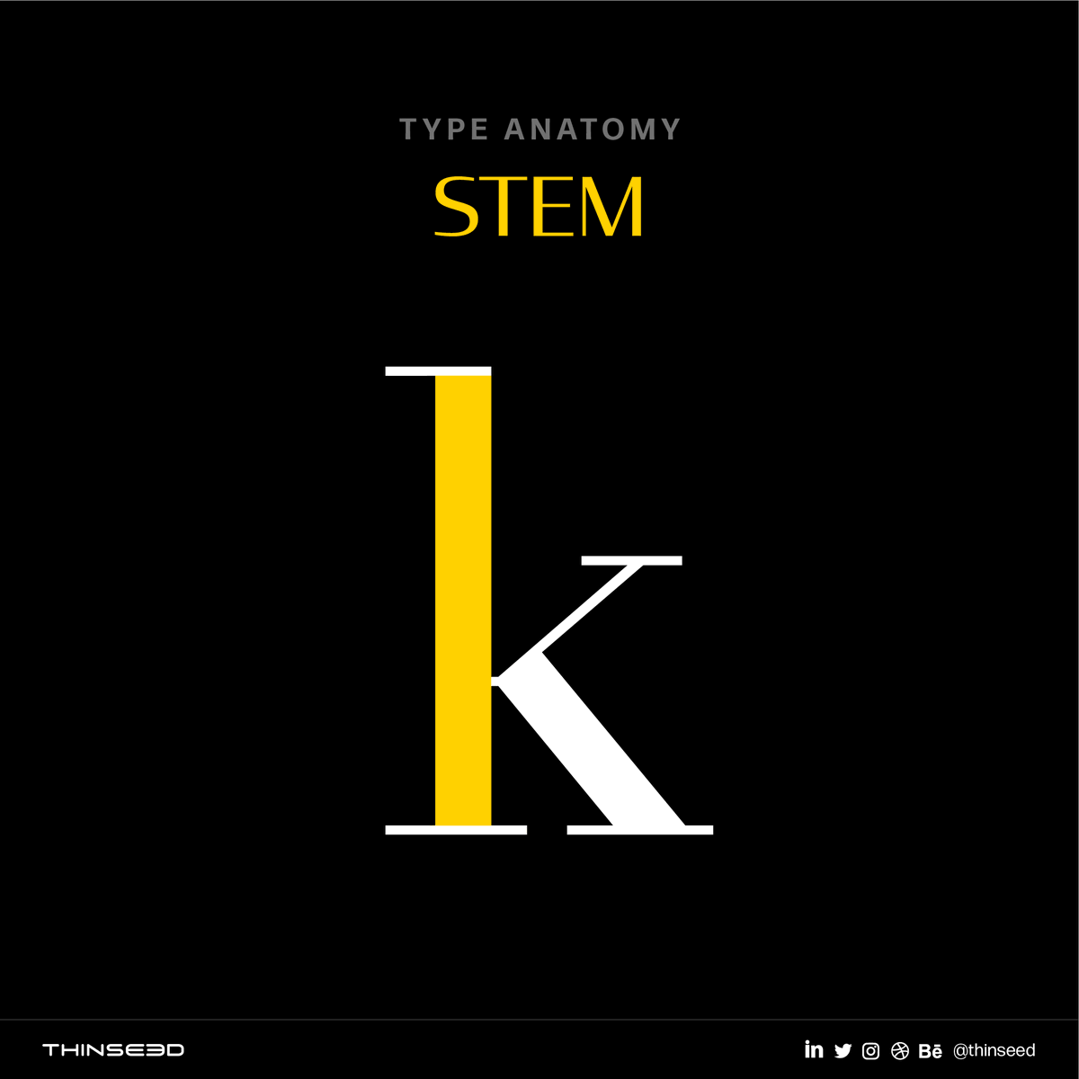 ThinSeed's tweet image. Stem:
A stem is a vertical, full-length stroke in upright characters (i.e. L, H, f, l, h, P, etc.)

The stem is the main, usually vertical stroke of a letterform
.
.
.
.
.
#stem #learnwiththinseed #typography #typeananatomy #anatomyoftype