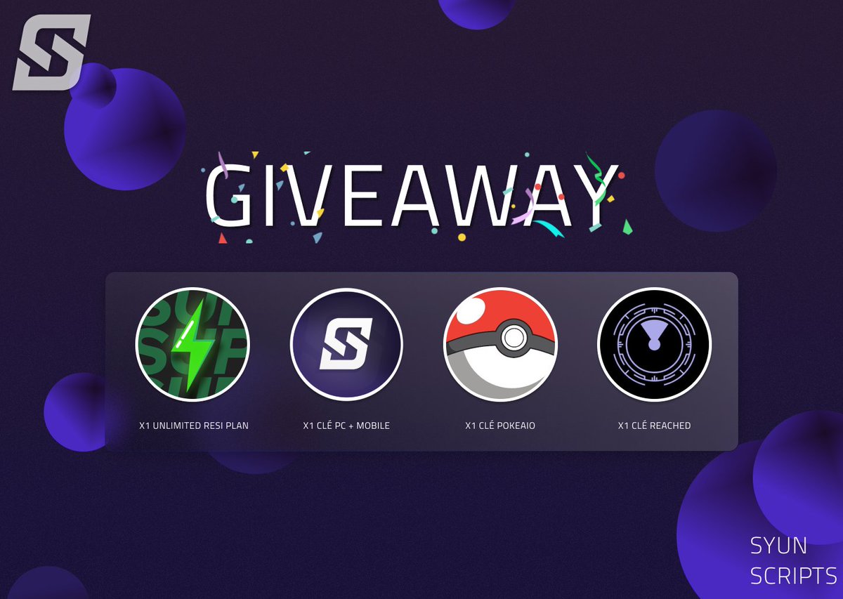 SyunScripts's tweet photo. 🎉GIVEAWAY TIME🎉

Pour avoir accès à l'un de ces 4 prix🥳

- x1 Clé PC + Mobile @SyunScripts 
- x1 Clé @ReachedTO 
- x1 Clé @pokeAIO 
- x1 Unlimited Resi Plan @SuperaSolutions 

Pour participer : 

- RT
- Mentionne un ami
- Follow tous les comptes

Durée : 72h 🍀 https://t.co/uZCQYZ4KVV