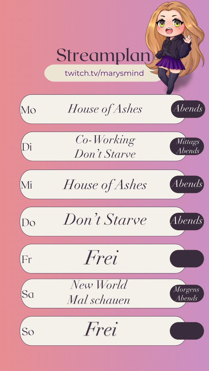 MarysUpdates's tweet photo. Der Streamplan für diese Woche.🥰
Schön viel Survival diesmal und endlich #HouseOfAshes 🥳

(WoW gibts dann wieder ab nächster Woche mit dem neuen Patch, freue mich schon drauf! 😍) https://t.co/utHEX4vjHi