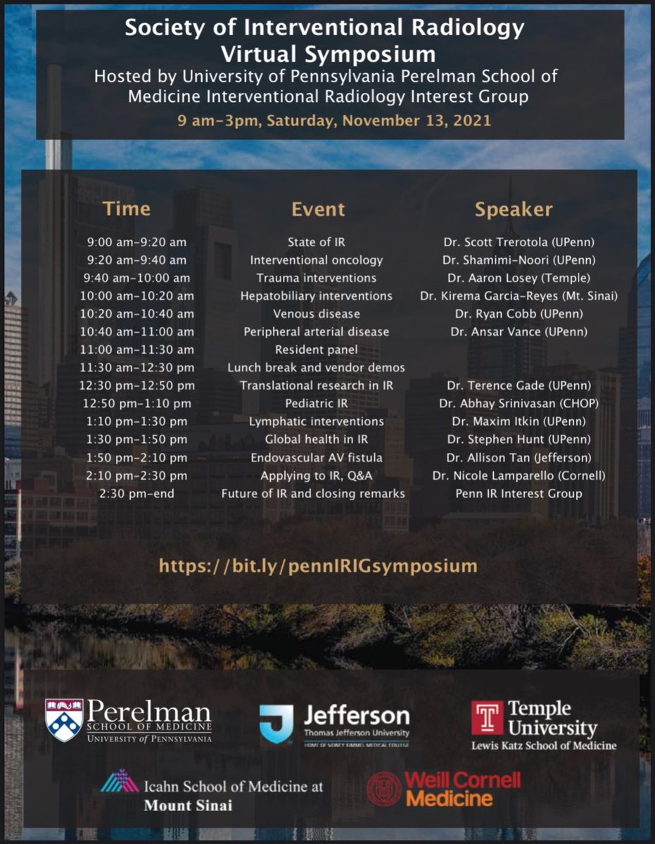 Jonathan Wakim, MD, MBA (@jjwakim) on Twitter photo Excited to announce the 3rd Annual Philadelphia IR Symposium hosted by the Penn IRIG on Nov 13!
Join us for lectures by expert clinicians in the field from several local institutions as well as a panel discussion on applying into residency. #IR <a href="/SIRRFS/">SIR RFS</a> 
bit.ly/pennIRIGsympos… Excited to announce the 3rd Annual Philadelphia IR Symposium hosted by the Penn IRIG on Nov 13!
Join us for lectures by expert clinicians in the field from several local institutions as well as a panel discussion on applying into residency. #IR <a href="/SIRRFS/">SIR RFS</a> 
bit.ly/pennIRIGsympos…