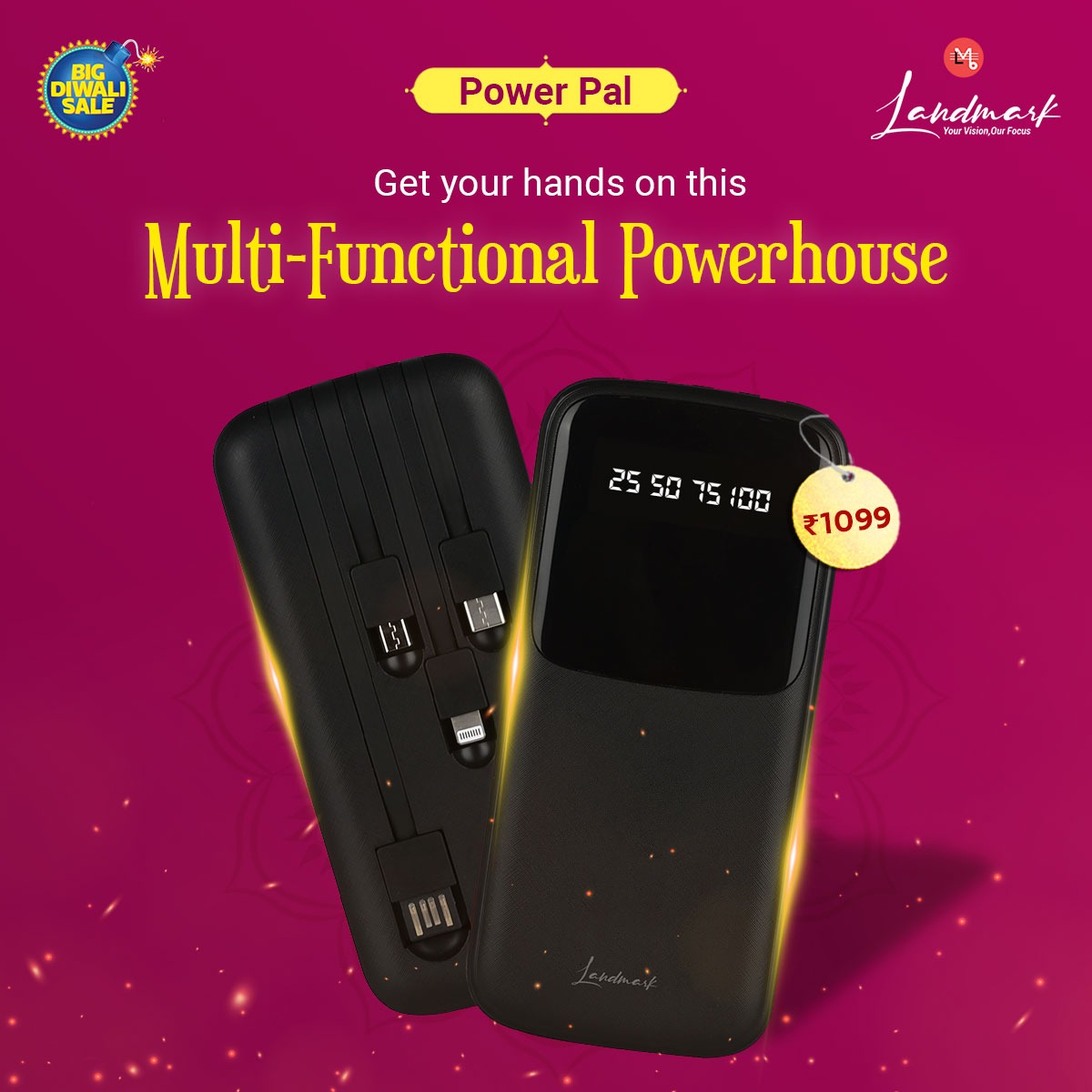 LandmarkMuzik's tweet photo. Landmarkโs 4-in-1 power bank has four different types of cables that charges your phone at generous speed. It comes with a Digital Display and 10000 mAh battery life making sure you never run out of charge.
#LandmarkMusic #mymusicmylandmark #FestiveSale #powerpal https://t.co/iVLxp0EQKD