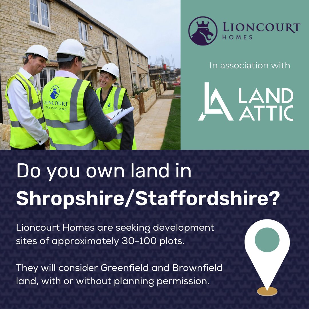 🗺️Are you a landowner in Shropshire or Staffordshire? @LioncourtHomes are looking for multiple development sites across the UK, including Shropshire and Staffordshire regions. Contact: Land Director - rachelcartwright@lioncourthomes.com. #landrequired #shropshire #stafforshire