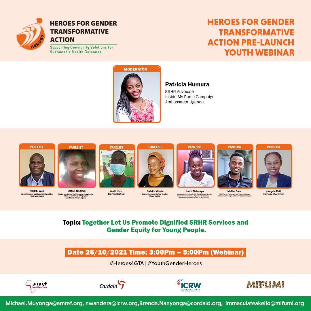 We need to promote dignified SRHR services and gender equity or young people! But how is this possible??  Please join ⁦@PatriciaHumura⁩ and these amazing #Heroes4GTA in tomorrows Webner at 3pm. You donot want to miss out  ⁦@Amref_Uganda⁩ ⁦@NAFOPHANU⁩