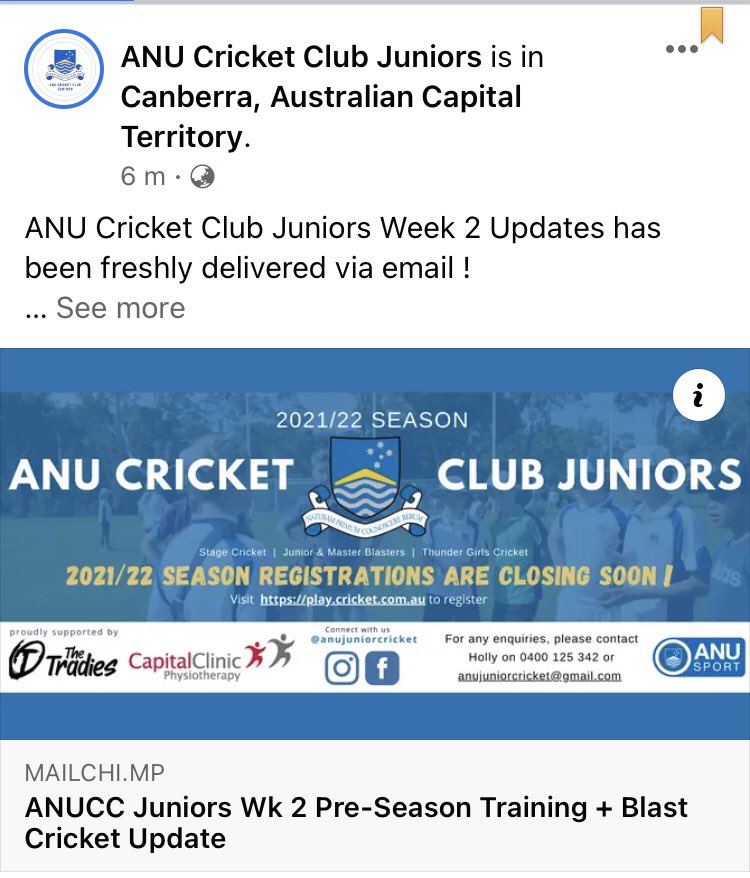 anuccjuniors's tweet photo. ANU Cricket Club Juniors Week 2 Updates has been freshly delivered via email! 🗞 

Check your inboxes or visit the link in bio for info on changes to this weeks pre-season training/trials

+ read the latest news on our #BlastCricket program (starting this Friday!)

#PlayCricket https://t.co/UB3KBpH5wi