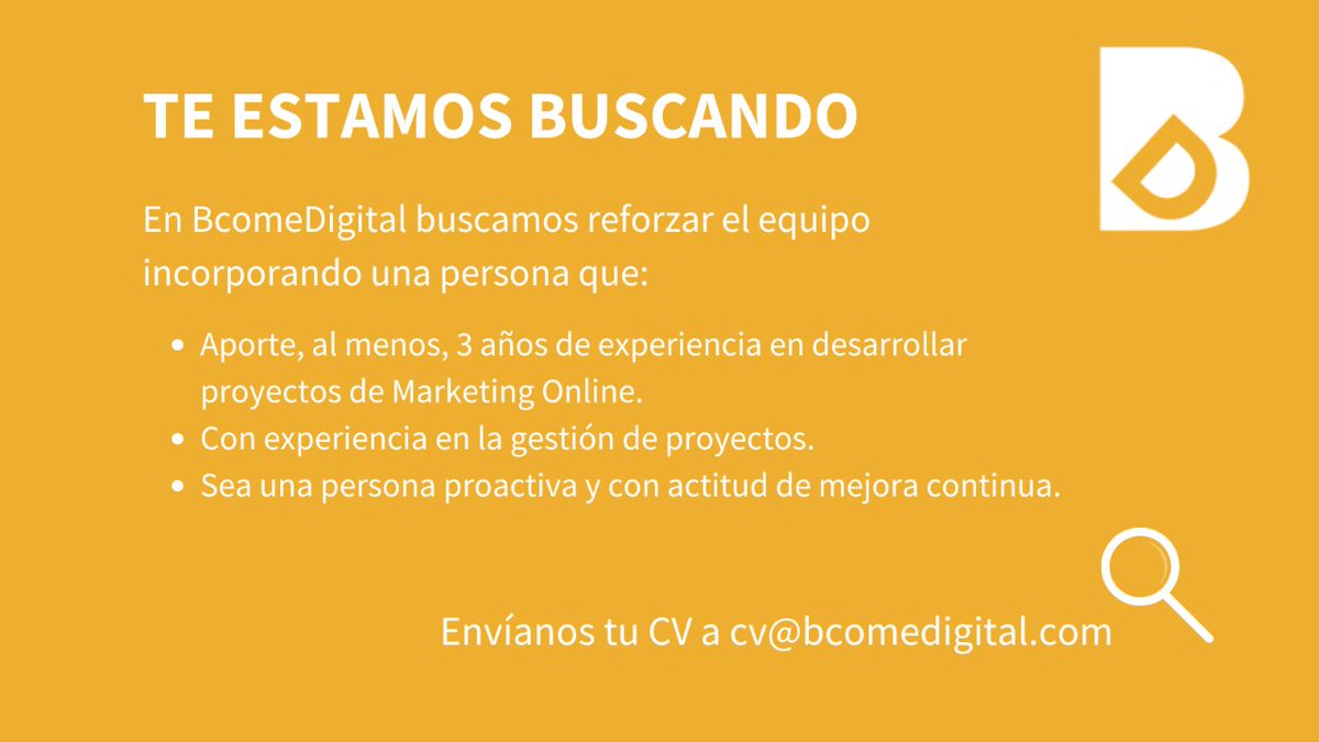 📢En BcomeDigital buscamos 𝐢𝐧𝐜𝐨𝐫𝐩𝐨𝐫𝐚𝐫 𝐮𝐧𝐚 𝐩𝐞𝐫𝐬𝐨𝐧𝐚 𝐚𝐥 𝐞𝐪𝐮𝐢𝐩𝐨 que aporte, al menos, 3 años de experiencia en desarrollar proyectos de Marketing Online. 
mtr.cool/opqwcflfxh