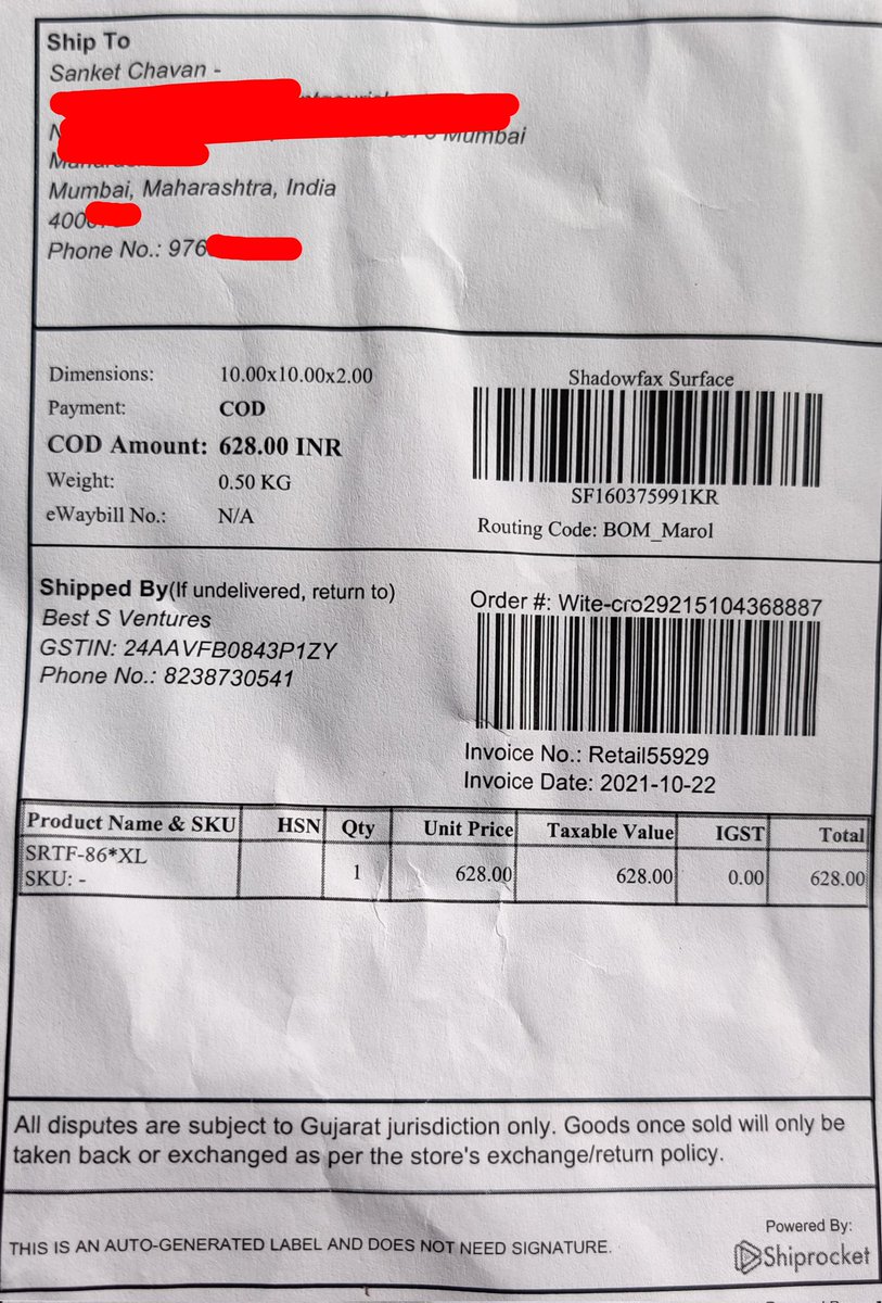 Sanket560's tweet photo. These are the Pics of my Purchase from Wite-cro. I ordered Red and Black Multicolored shirt but received Green and White strips Shirt.
I tried to contact them by Email awa Mobile number but No response.
Please be aware of such Fraud websites.
#StaySafe #Diwali2021 #shopping https://t.co/mmibYip5Dw