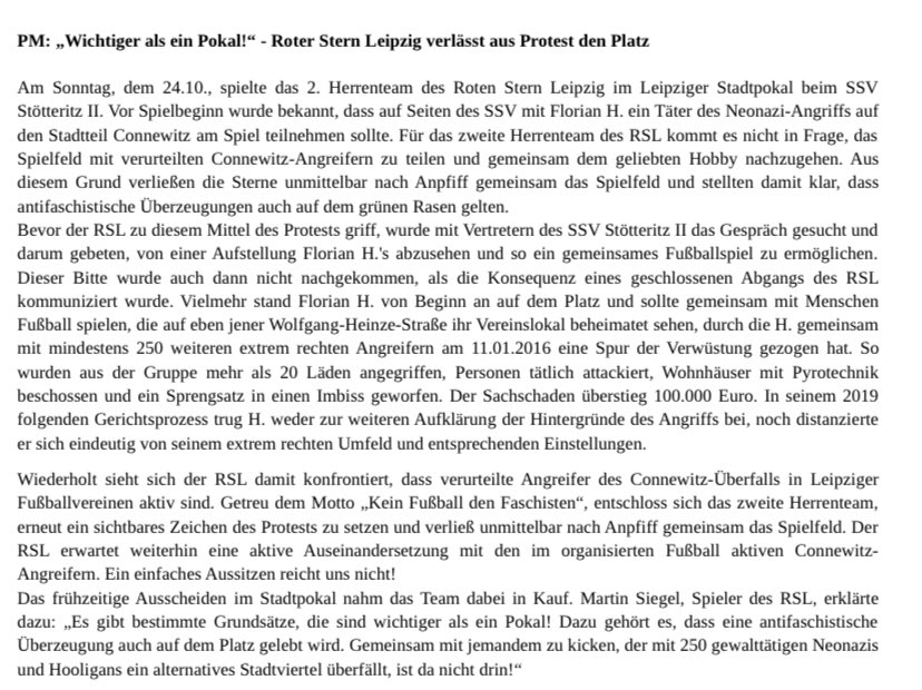 RSL99's tweet photo. Beim gestrigen Stadtpokal verließ die Zweite unmittelbar nach Anpfiff gemeinsam den Platz, um ein Zeichen des Protests zu setzen. Der Grund: Beim Gegner Stötteritz II sollte ein verurteilter #le1101 Täter auflaufen.
Mehr Infos gibt es in der folgenden Pressemitteilung. https://t.co/s27by0M1d9