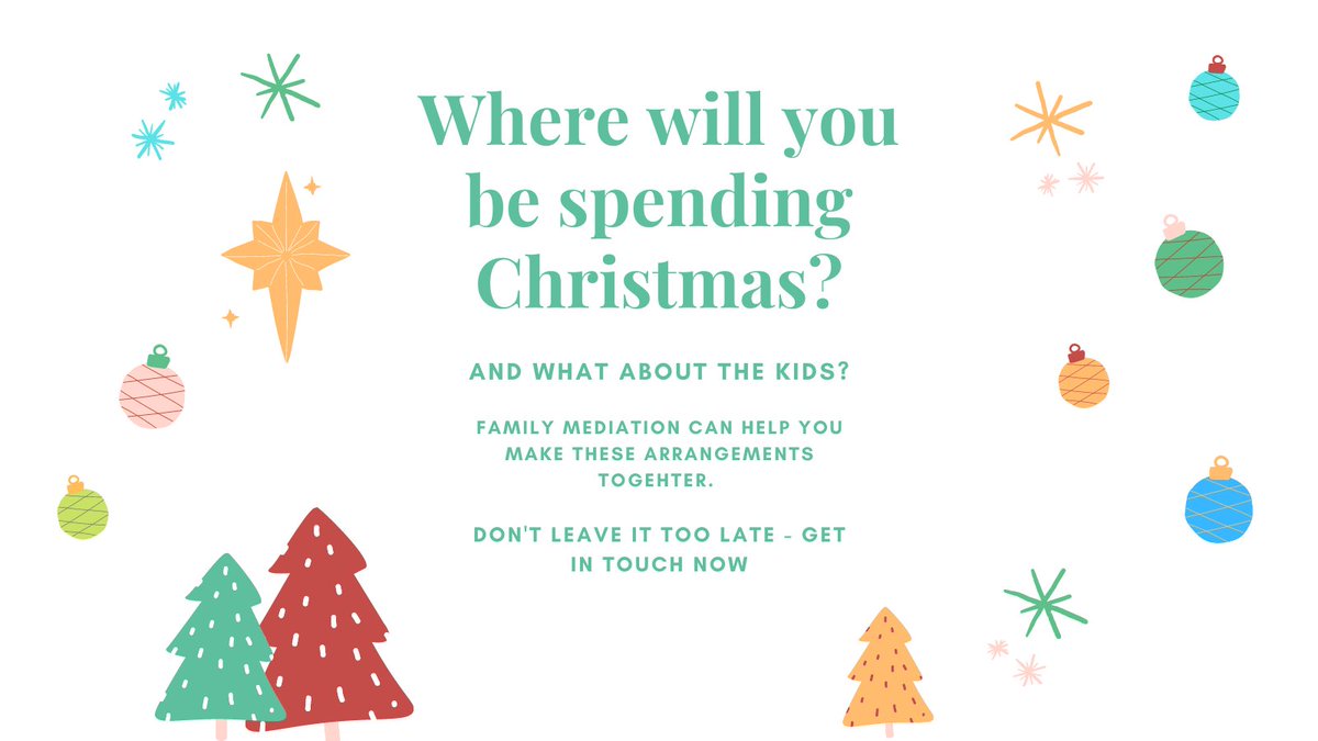 Have you thought about Christmas yet?
Family Mediation can help you and your ex come to agreement on matters such as where the children will be spending Christmas. 
To find out more, head over to: buff.ly/3zsF3T2
#familymediation #christmas #childarrangements
