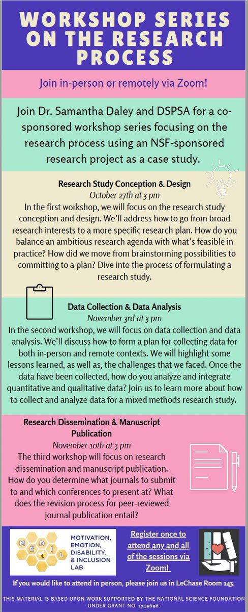 It's not too late! Join Dr. Samantha Daley and DSPSA for a co-sponsored workshop series focusing on the research process using an NSF-sponsored research project as a case study. 

The first session is this Thursday, October 27th! 

Register here: rochester.zoom.us/meeting/regist…