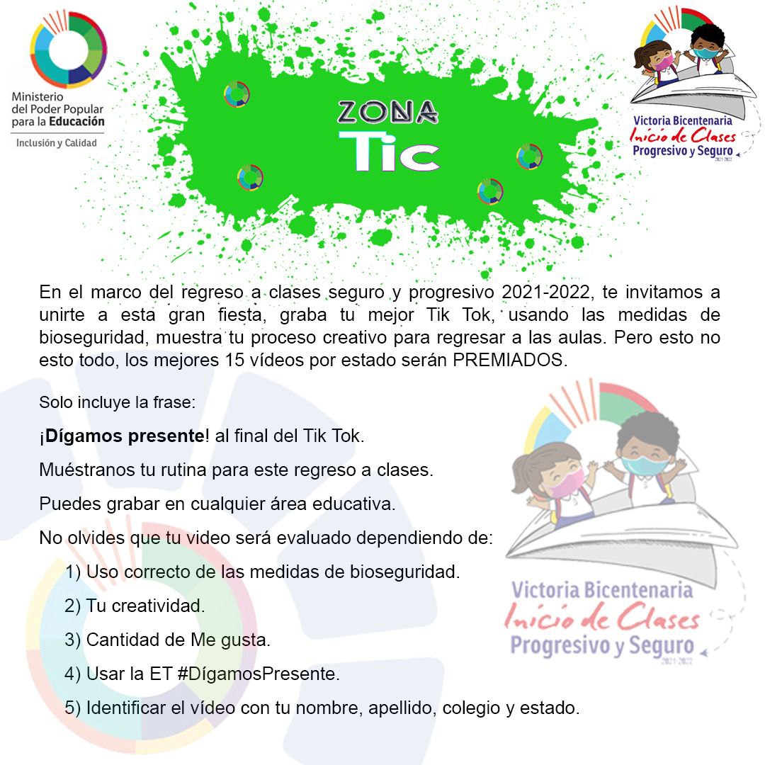 🟢 ¡ATENCIÓN! 🟢

Niños, niñas y jóvenes te invitamos a unirte a la gran fiesta del Regreso a Clases Seguro y Progresivo 2021-2022. 

¡Únete a nuestra Zona Tic! 

¿Cómo hacerlo?

⤵️ Aquí toda la información 
#DígamosPresente

<a href="/NicolasMaduro/">Nicolás Maduro</a> <a href="/_LaAvanzadora/">Yelitze Santaella</a>
<a href="/FreddyBernal/">Freddy Bernal</a>