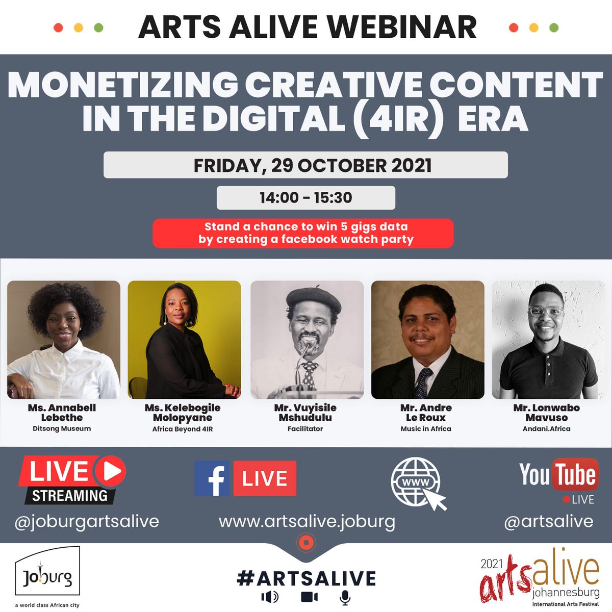 Kindly  join our Ceo Ms <a href="/Kelemolop/">Kelebogile Olivia Molopyane (MBA)</a> live at the  <a href="/Arts_Alive/">Arts Alive Joburg</a>,Joburg International Arts Festival webinar  taking place on Friday, 29 October 2021

#ab4ir
#ArtsAlive2021 
#ArtsAliveTalks