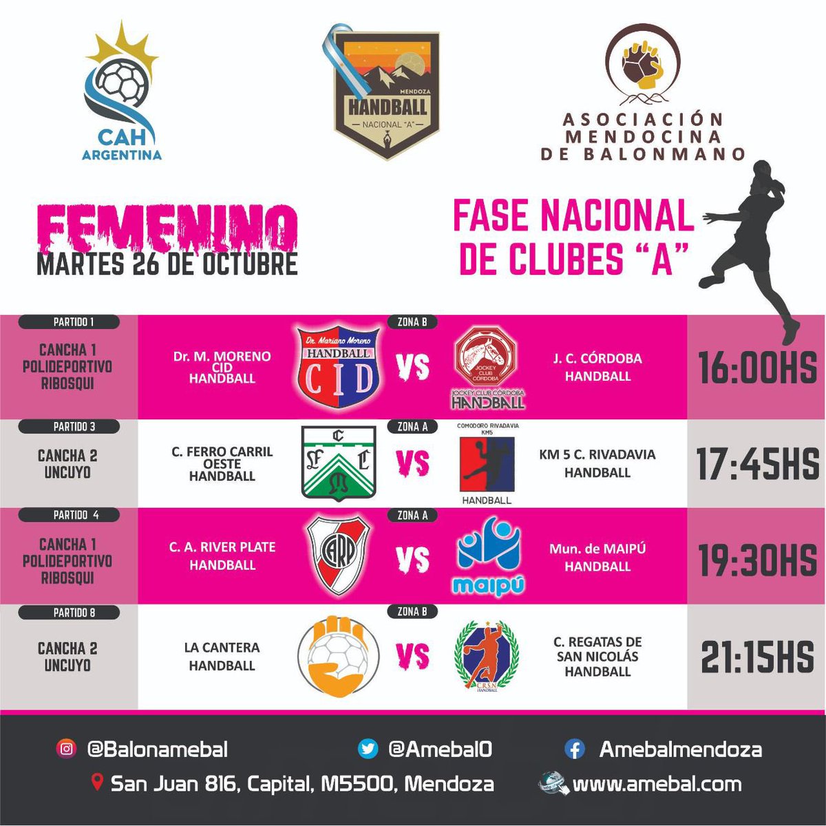 El Fixture oficial de la FASE NACIONAL DE CLUBES A . Cuadro femenino: <a href="/HandballCid/">CID MORENO</a> <a href="/HandballCARP/">Handball River Plate 🤾🏼‍♀️🤾🏼‍♂️🐔</a> <a href="/FCOhandball/">FCO Handball</a> @PSHandball  @FCHandballok <a href="/JavierSallustro/">Javier  Sallustro</a> <a href="/RegatasSN/">Club Regatas SN</a> <a href="/deportemaipu/">Deporte Maipú</a> <a href="/handballkm5/">Handball Km5</a> <a href="/DeportesMza/">Deportes Mendoza</a> <a href="/MendozaPost/">Mendoza Post</a> <a href="/mdzol/">MDZ Online</a> <a href="/CAHandballARG/">CAH - Handball Argentina</a> <a href="/femebal/">Fe.Me.Bal.</a>