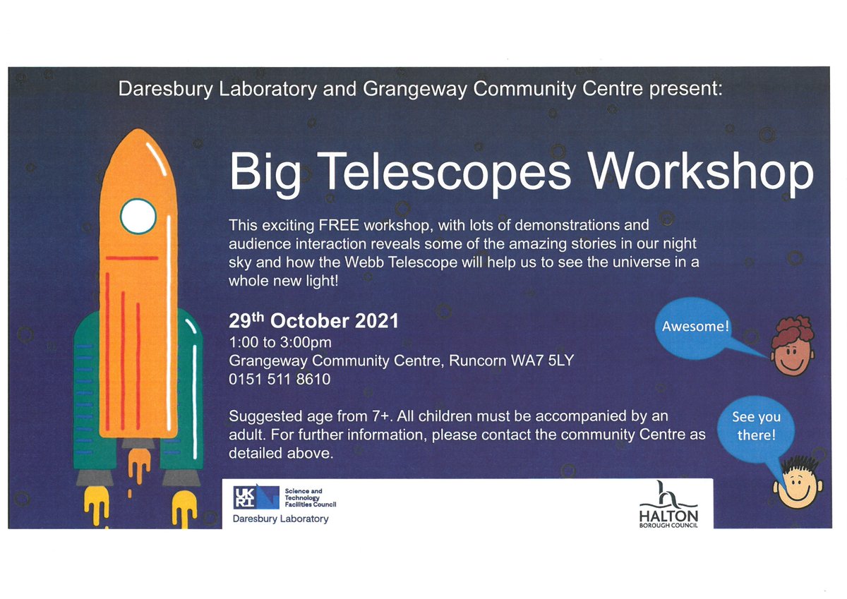 chadscareers: RT <a href="/HaltonBC/">Halton Council</a>: Daresbury Laboratory and Grangeway Community Centre present Big Telescope workshop. This exciting FREE workshop has lots of demonstrations and audience interaction. 29 october  1pm - 3pm  
<a href="/DaresburyLab/">Daresbury Laboratory</a> #DaresburyLab