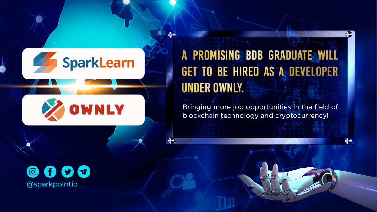sparkpointio's tweet image. Big thanks to @ownlyio for giving this opportunity for BDB graduates!✨
Get to be hired under the rising startups in the field of blockchain technology and cryptocurrency. 🎓
#BDB2021 #SparkLearn #SparkPoint